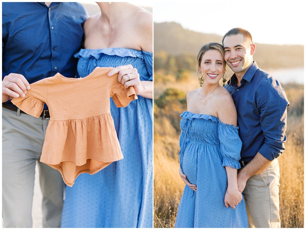 soon to be parents during their Big Sur maternity session holding up orange baby clothing