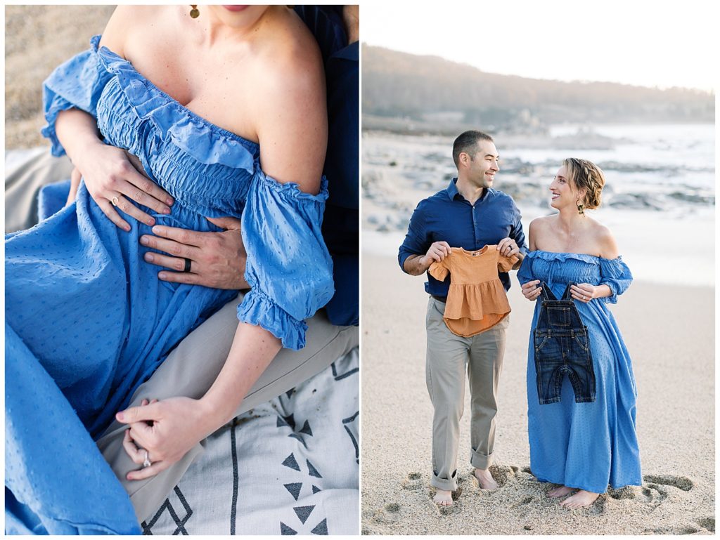 Big Sur maternity session portraits on the sand of the soon to be parents dressed in blue holding up an orange baby shirt and dark denim overalls