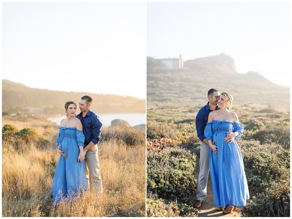couple in blue standing in a field celebrating their Big Sur maternity session by film photographer AGS Photo Art