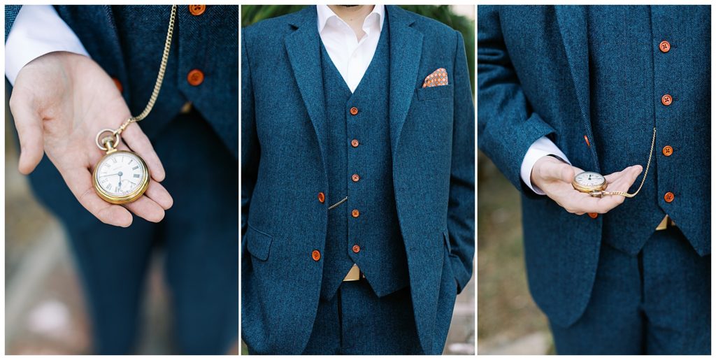 groom's details including a blue wool suit with orange buttons and a gold pocketwatch by film photographer AGS Photo Art