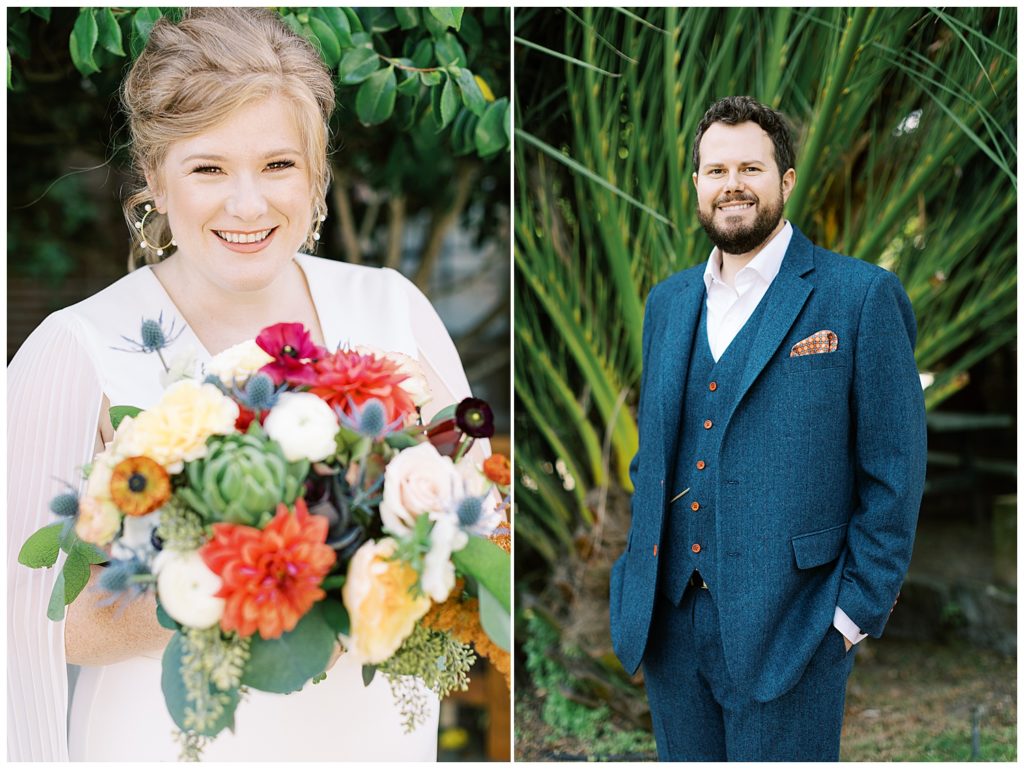 solo portraits of the bride and groom; the bride is wearing a white Ralph Lauren gown with a bouquet of white, pink, yellow and orange flowers; the groom is dressed in a blue wool suit with orange buttons and an orange pocket square