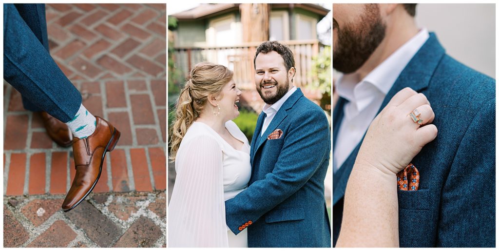 photos of the groom's elopement day details such as brown loafers, gray sock with blue designs, and an orange pocket square on his blue wool suit