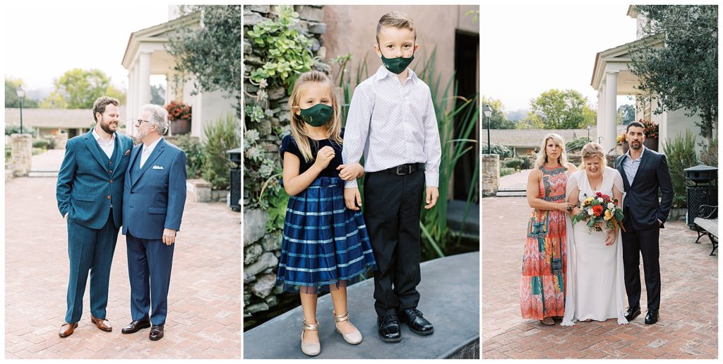 bride and groom portraits with their parents at their side plus two children arm in arm wearing green masks while standing on a stone bench by film photographer AGS Photo Art