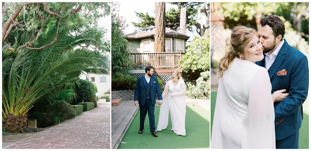 Jabberwock Inn venue palm trees; portraits of the bride and groom hand in hand walking along a golf course; the bride looks over her shoulder smiling at the camera while her groom kisses her cheek by film photographer AGS Photo Art