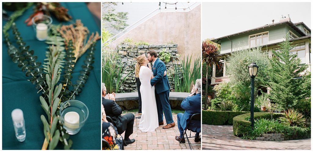 elopement day details: teal tablecloth with green branches, small candles in cups and a bottle of hand sanitizer; portrait of the bride and groom sharing a kiss at the end of their Monterey elopement reception at Wave Street Studios; the front of Jabberwock Inn