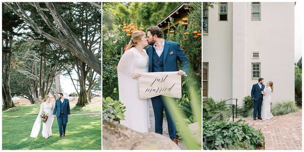 Monterey elopement portraits at Jabberwock Inn; the couple is walking through a grassy field, then holding a cloth banner reading "just married" as they share a kiss by film photographer AGS Photo Art