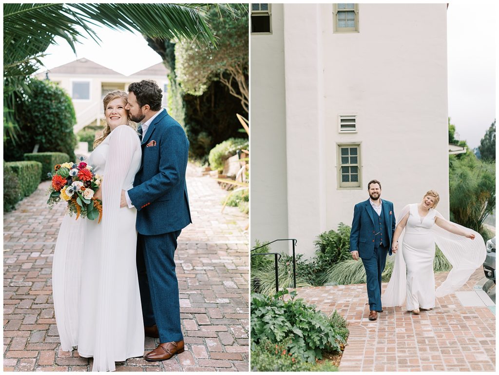 groom kissing his bride's cheek while she smiles and holds her bouquet; the couple walks down a brick paved road hand in hand at Jabberwock Inn, the sleeves of the bride's Ralph Lauren flow behind her as she smiles and waves by film photographer AGS Photo Art