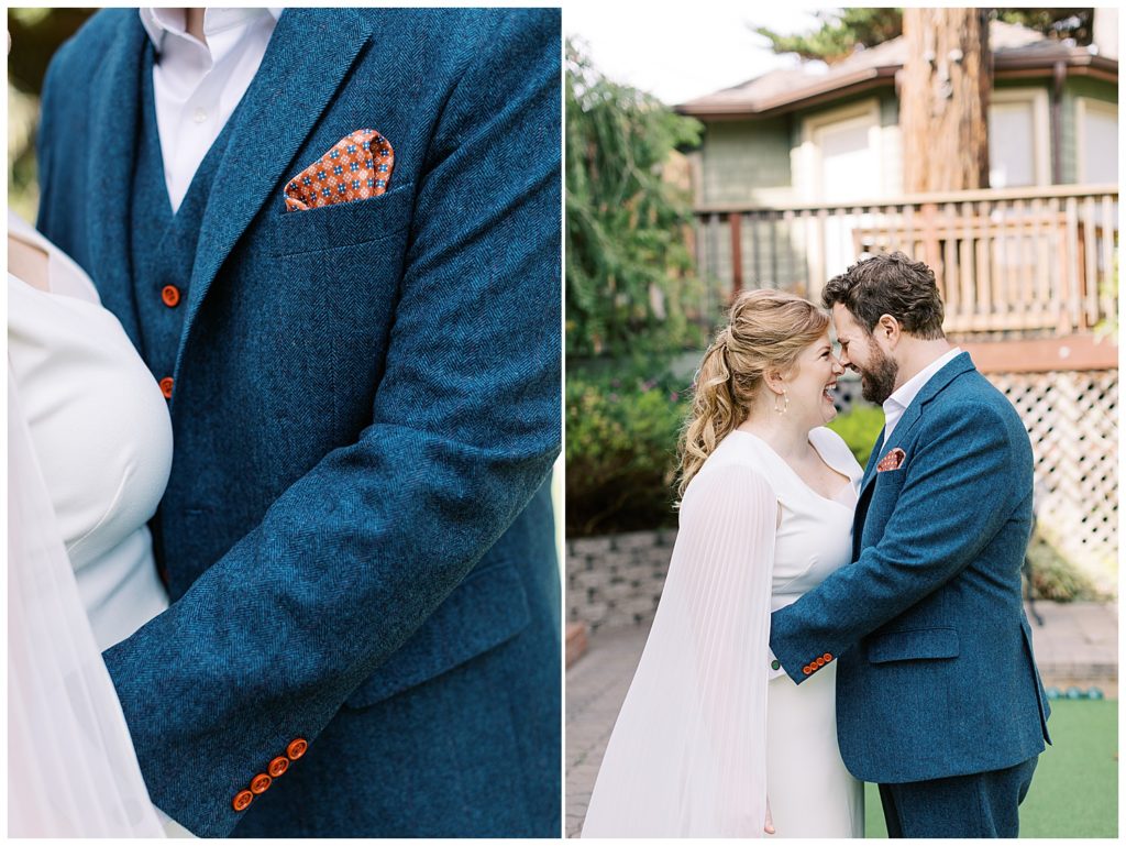 close up of the groom's handmade blue wool suit and his orange and blue pocket square; the couple smiles and touch their noses together by film photographer AGS Photo Art