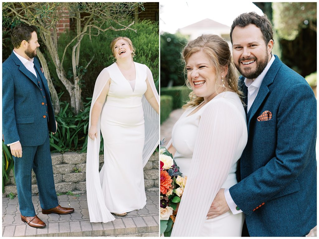 portraits of the bride and groom laughing