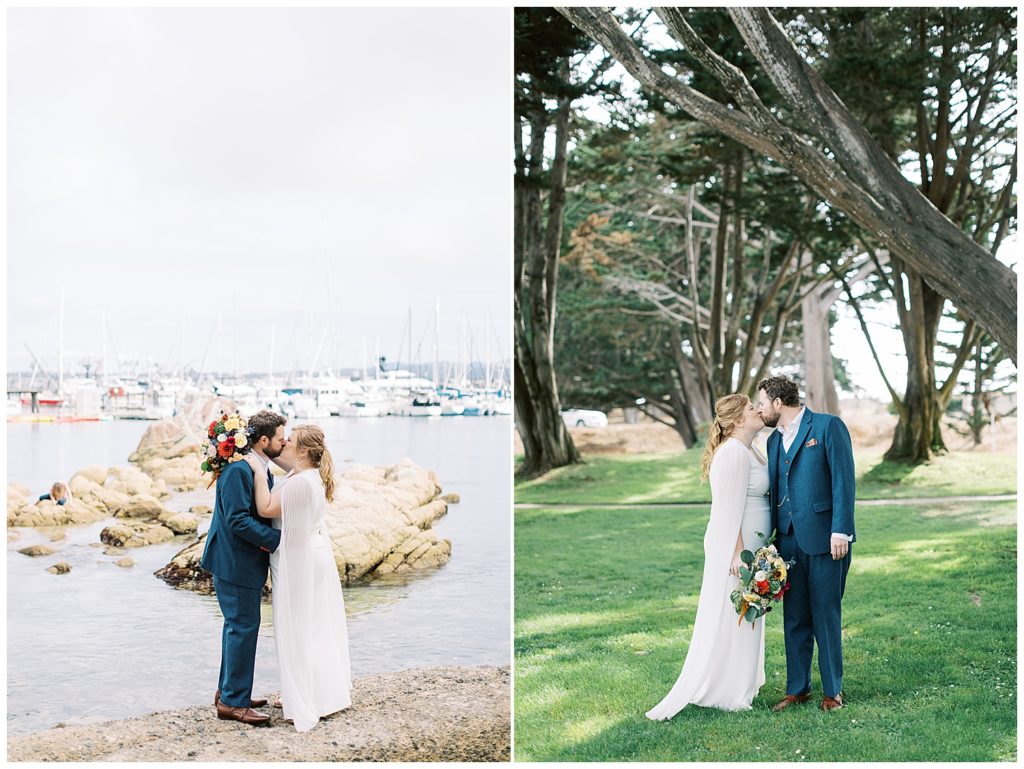 the bride and groom sharing a kiss, one in front of the harbor near the water with boats in the background, another under a tall tree in a grassy field by film photographer AGS Photo Art