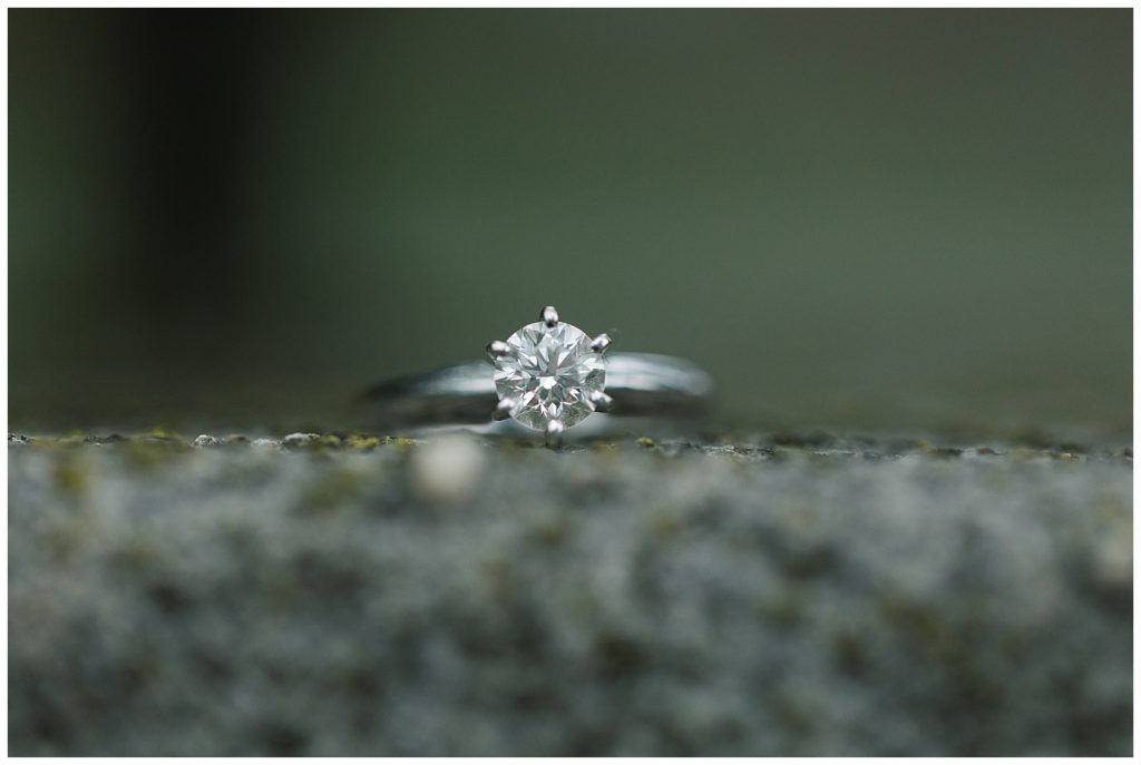 round cut diamond engagement ring on a stone slab by film photographer AGS Photo Art