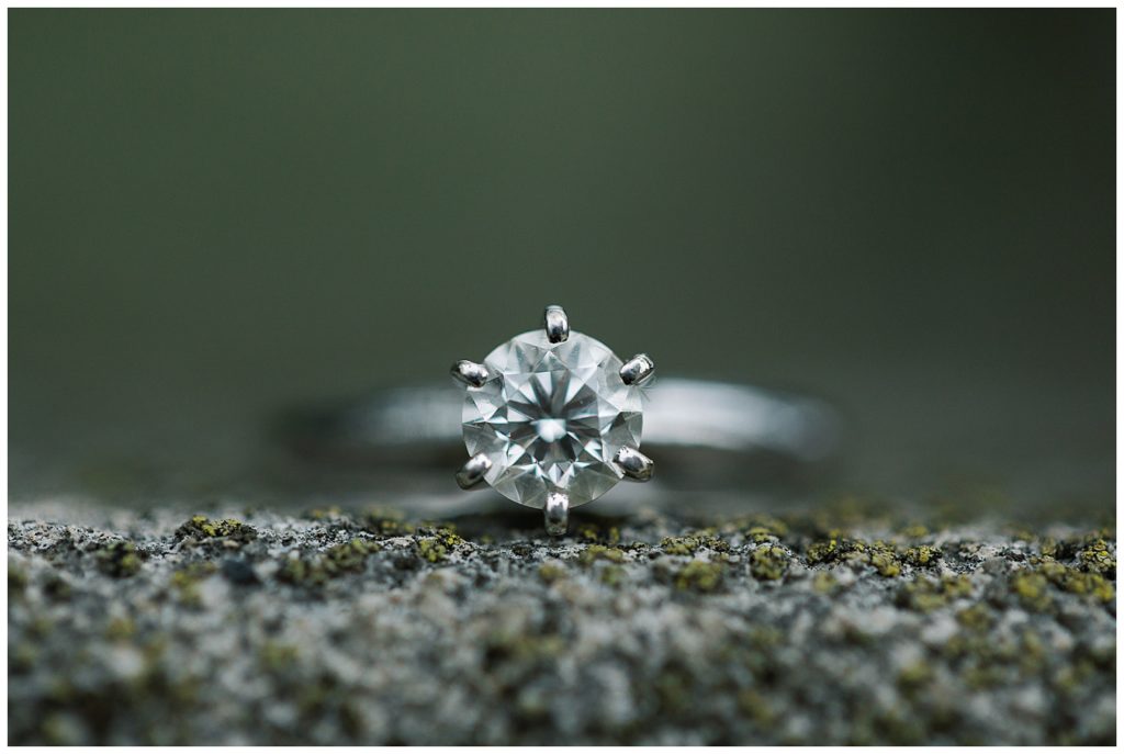 round cut diamond engagement ring on a stone slab with little flecks of moss beneath it by film photographer AGS Photo Art