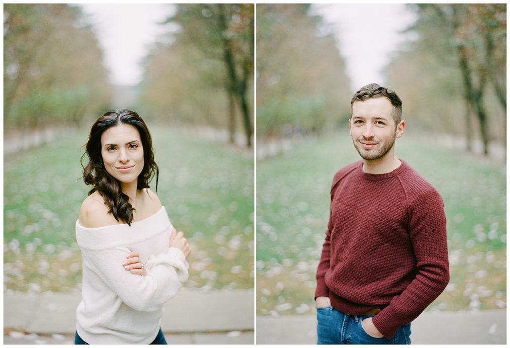 side by side engagement portraits of the couple, both of them are smiling at the camera