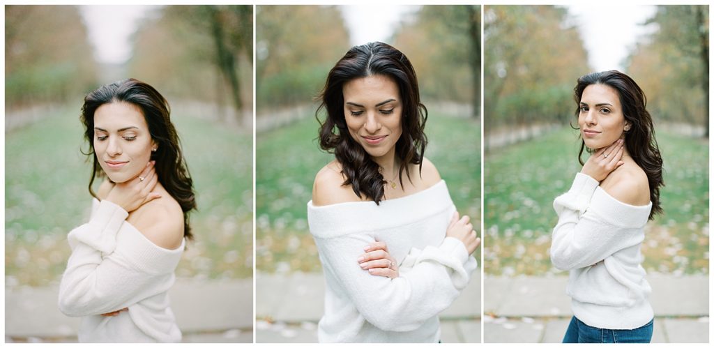 three photographs of a woman in a white off-shoudler sweater for her New Jersey Botanical Garden engagement portraits