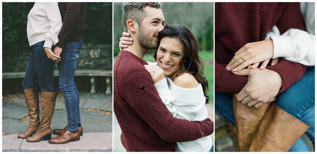 a couple in sweaters, blue jeans and brown shoes for their botanical garden engagement portraits by film photographer AGS Photo Art