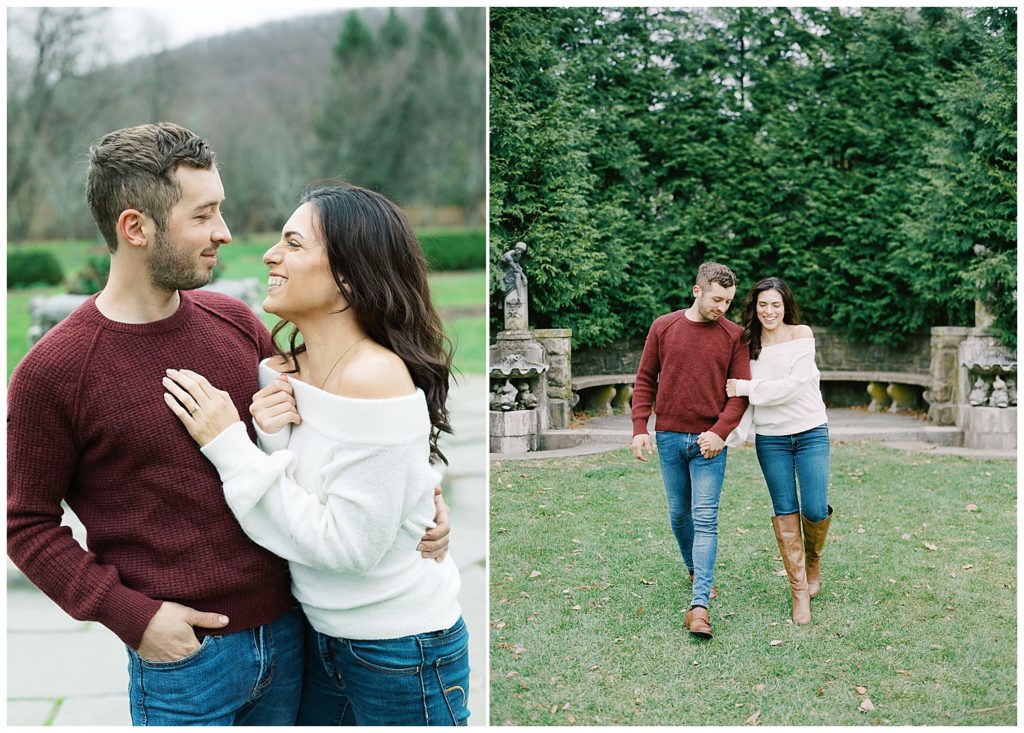 portraits of the couple with the woman's left hand on her fiancé's chest as they smile at each other; in the next photo, they're arm in arm walking towards the camera in New Jersey Botanical Garden by film photographer AGS Photo Art