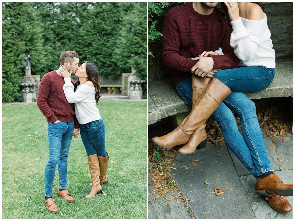 couple sharing a kiss hand in hand in New Jersey Botanical Garden; the next photo is of the couple from the bust down with her legs in his lap, they're both wearing brown shoes by film photographer AGS Photo Art