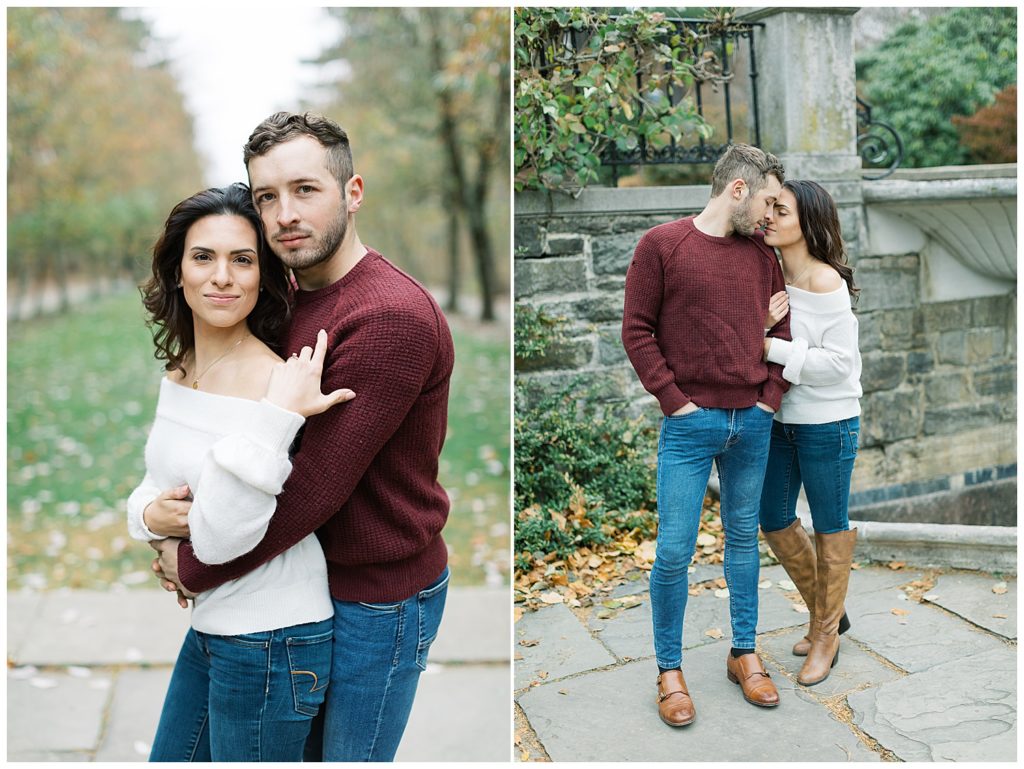 portraits of the couple where in the left photo, the man's arms are wrapped around his fiancée's waist as they look at the camera; the second photo is the couple touching their foreheads together with their eyes closed by film photographer AGS Photo Art