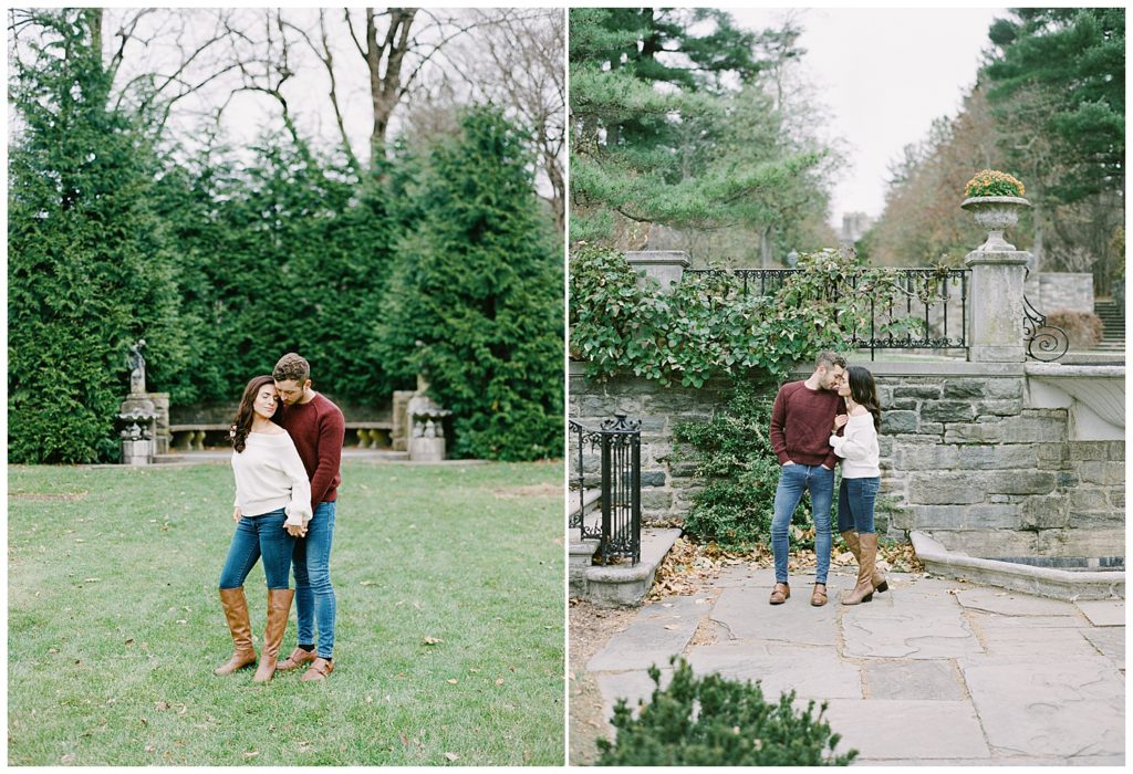 couple posing in a grassy field in New Jersey Botanical Garden; in the next photo they're in a stone courtyard with a fountain, ivy vines, and an iron railed staircase