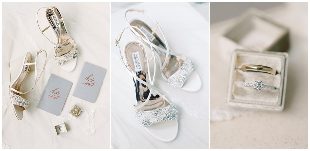 arrangement of Pebble Beach elopement day details; bridal shoes, his and her vows, ring boxes, and lace pieces