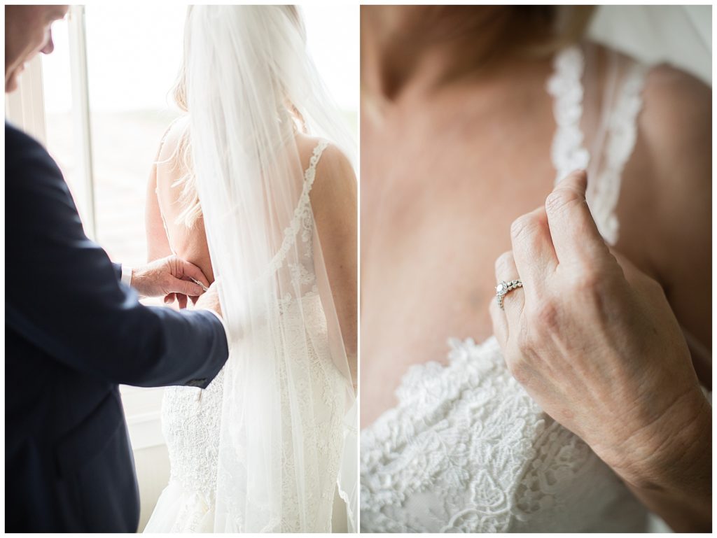 The groom helping his bride with her dress; a close up photo of the bride's ring and her white lace dress