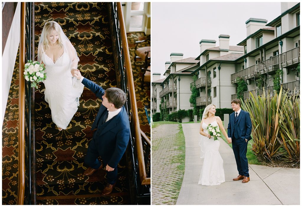 the groom leading his bride down the stairs at the Inn at Spanish Bay; couple portrait outside the Inn at Spanish Bay by film photographer AGS Photo Art