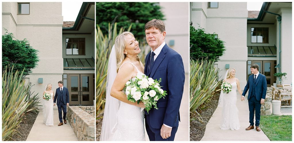 portraits of the bride and groom hand in hand at the Inn at Spanish Bay where they stayed for their Pebble Beach private elopement by film photographer AGS Photo Art