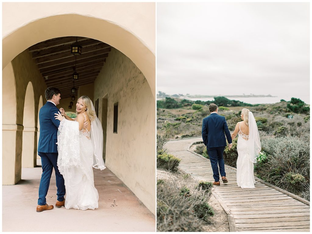 couple under an archway at the Inn at Spanish Bay; bride and groom walking down a bridge to Pebble Beach for their private elopement by film photographer AGS Photo Art