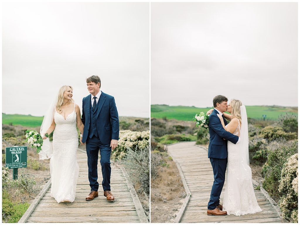 bride and groom hand in hand as they walk down the wooden walkway towards Pebble Beach for their elopement; they share a kiss surrounded by greenery by film photographer AGS Photo Art