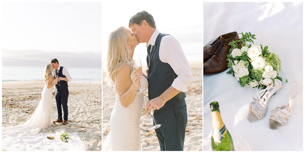 bride and groom sharing champagne and a kiss on the sand to celebrate their elopement at Pebble Beach; photo of the couple's shoes next to a white flower bouquet and a bottle of champagne
