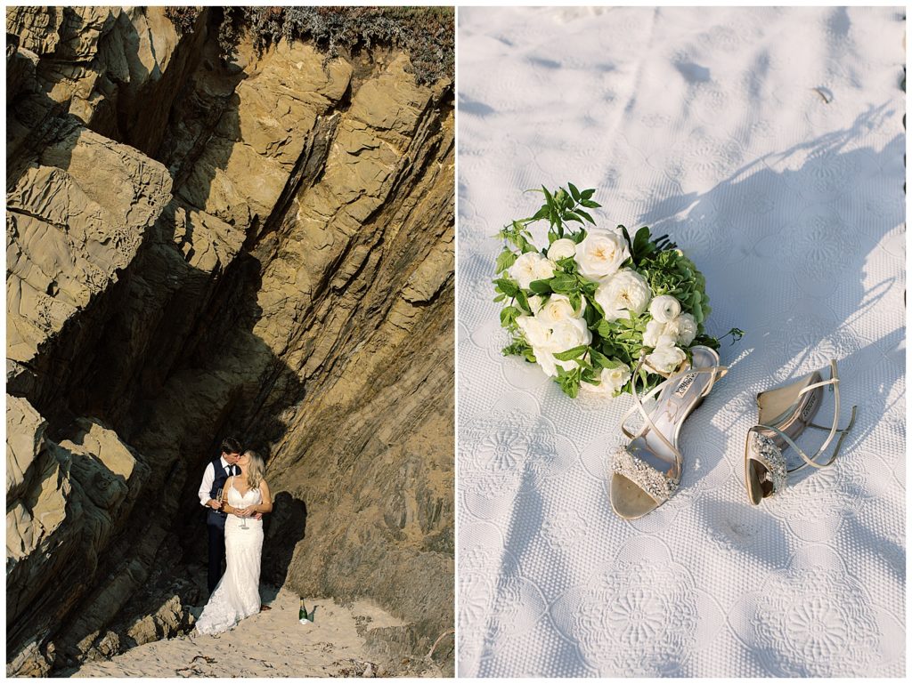 couple sharing a kiss while holding champagne flutes under the cliffside at Pebble Beach; a photo of the bride's shoes and her white flower bouquet