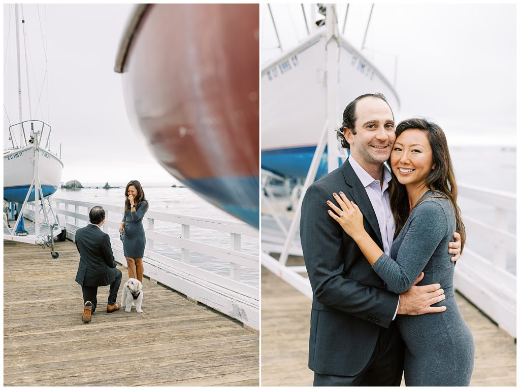 couple's proposal portraits on the boardwalk with their white dog