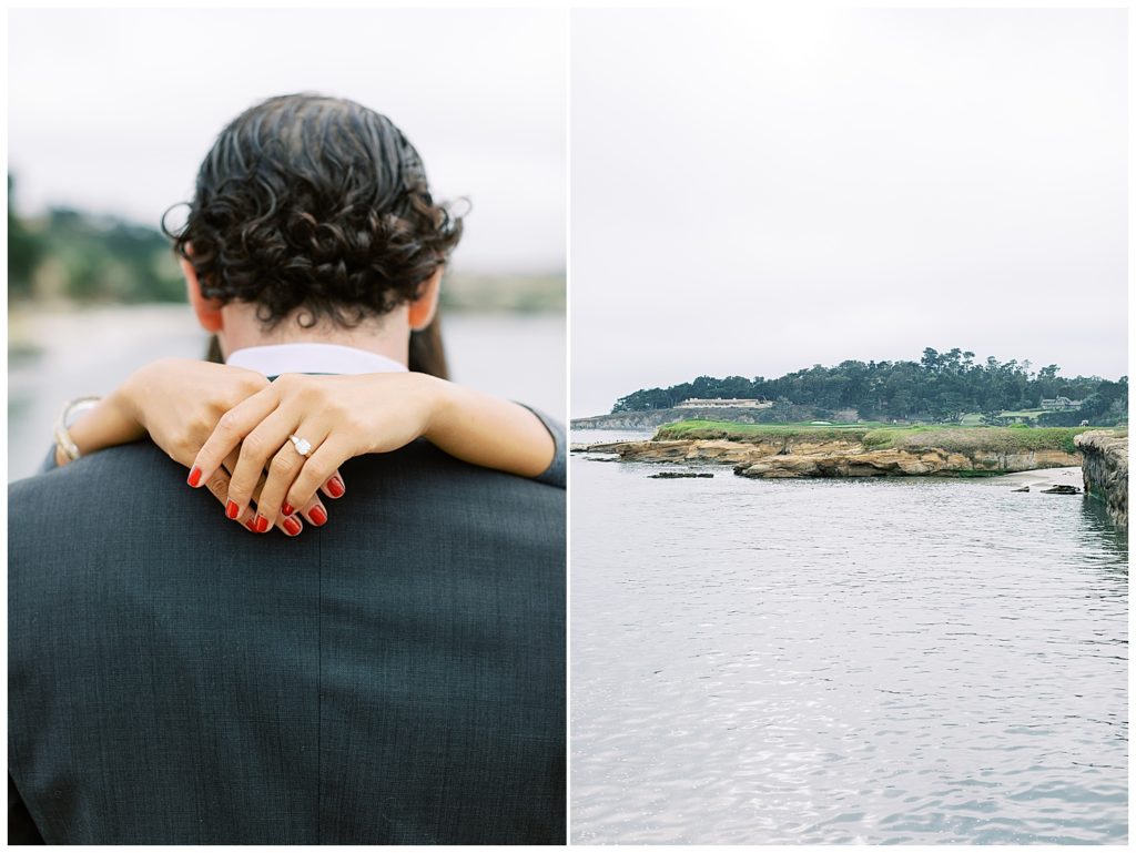 close up woman's hands laced around her fiancé's neck with a focus on her engagement ring and red nails; scenery of Pebble Beach by film photographer AGS Photo Art