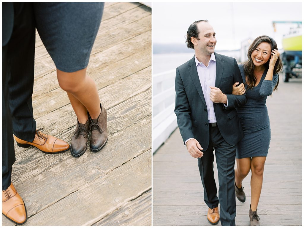 shot of the couple from the legs down with a focus on their brown shoes on the boardwalk; couple portrait of the two arm in arm and smiling