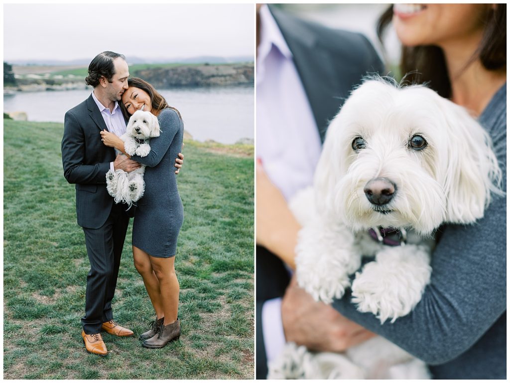 couple portraits with their cute white dog intheir arms while they smile by film photographer AGS Photo Art