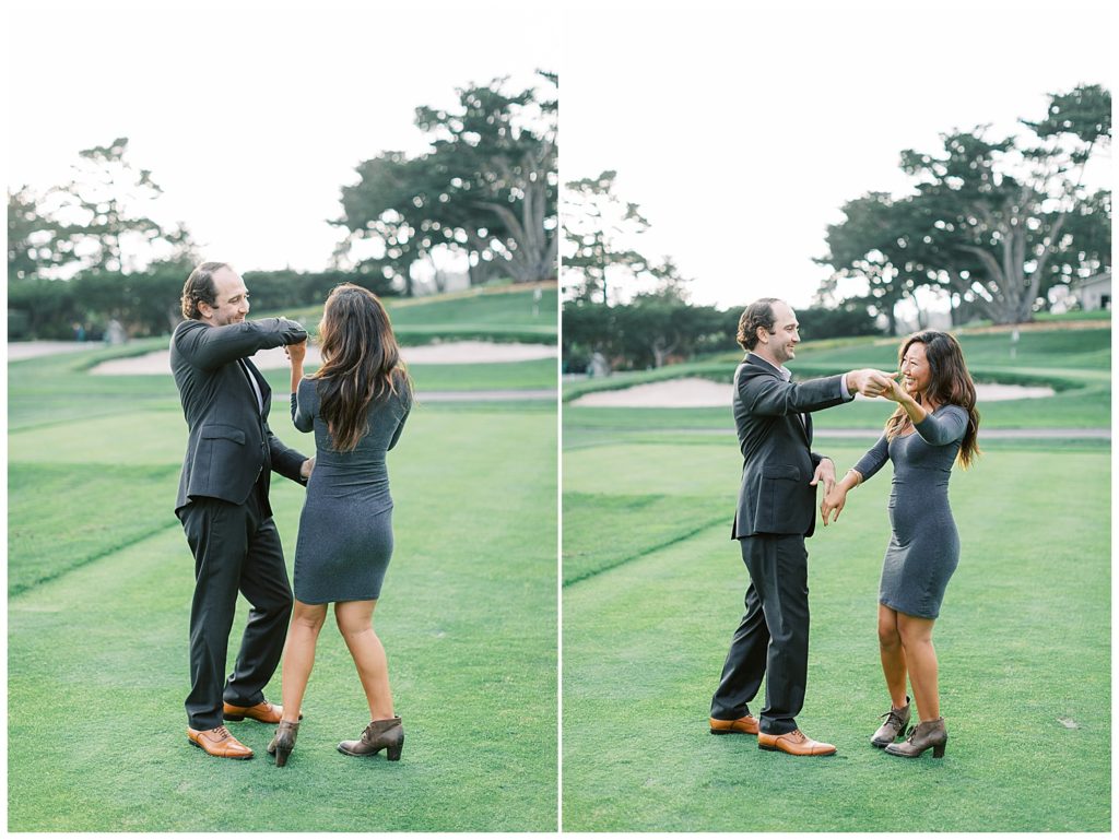 couple happily dancing together on the golf course at Pebble Beach Lodge