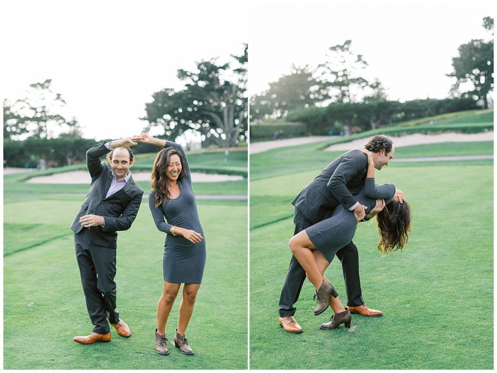 couple twirling each other at Pebble Beach Lodge; the man dips his fiancé back while holding her close by film photographer AGS Photo Art