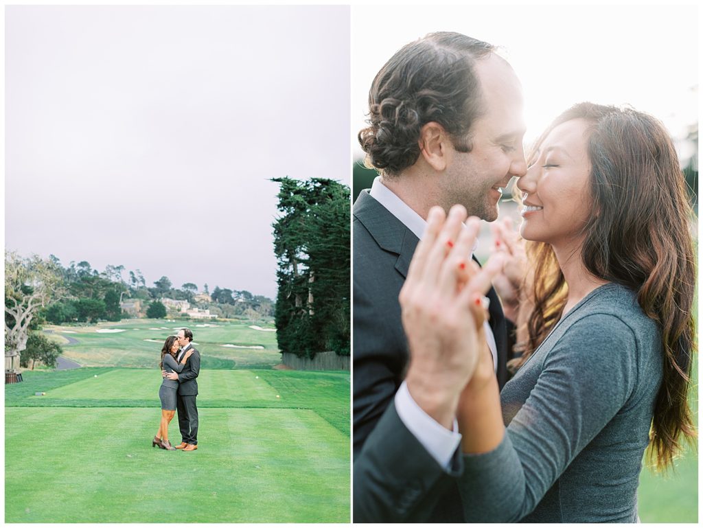 couple portrait with scenery of the golf course at Pebble Beach Lodge surrounding them; a close up couple portrait of a man and woman in each other's arms with the sun shining behind them
