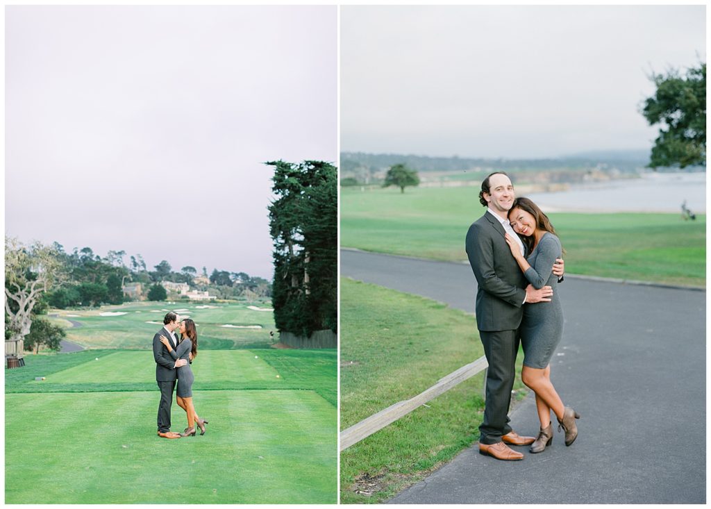 couple embracing and smiling at the camera for their Pebble Beach Lodge Surprise Proposal