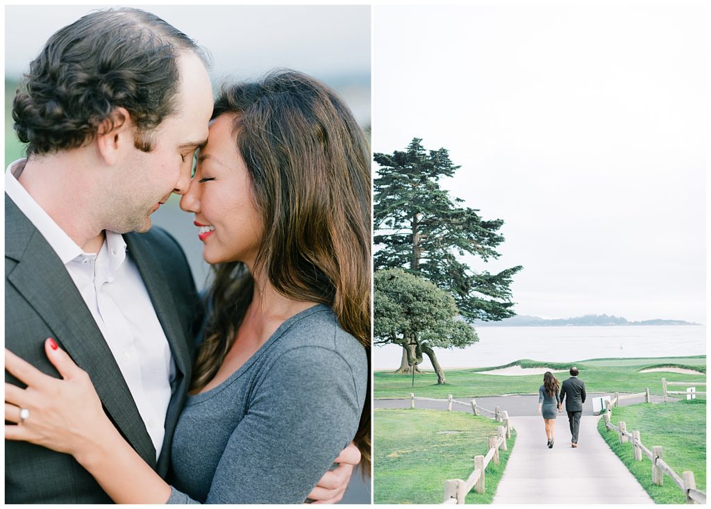 couple touching foreheads and smiling; man and woman hand in hand walking down the golf course grounds at Pebble Beach Lodge by film photographer AGS Photo Art