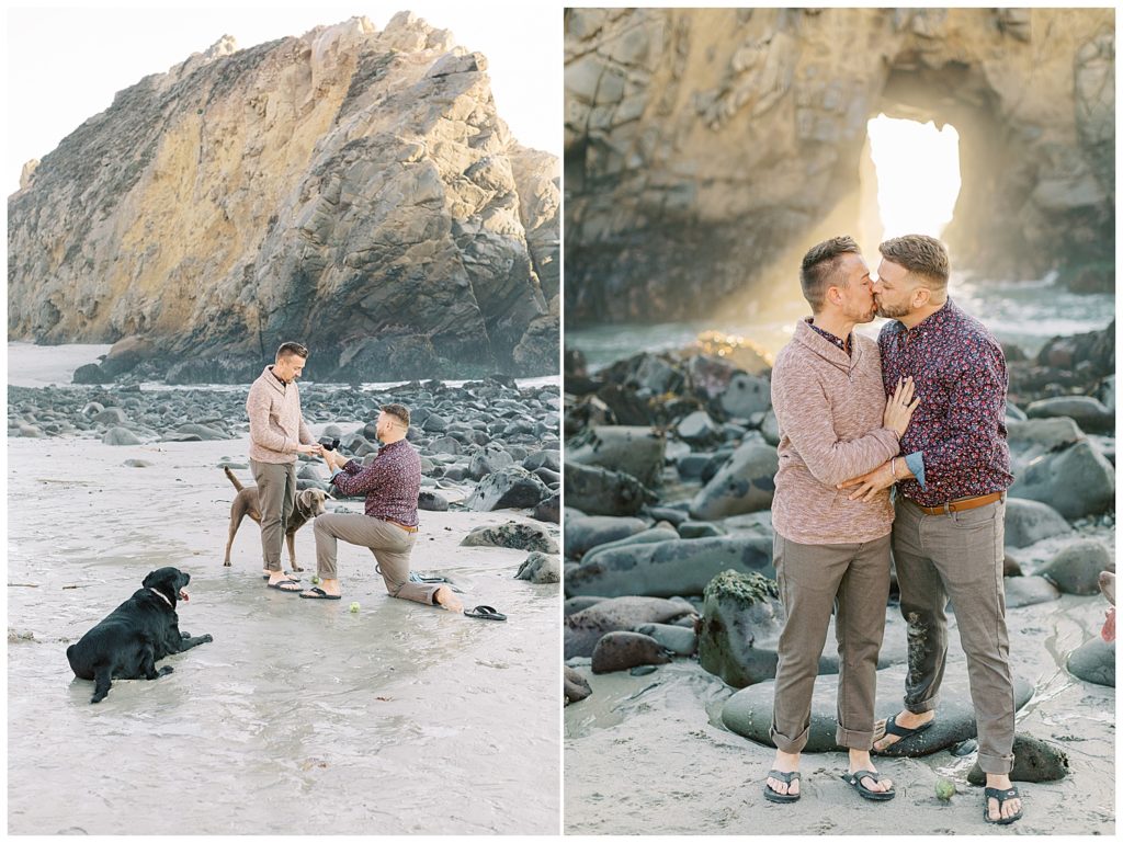 man on one knee proposing to his fiancé at Pfeiffer Beach with their two labradors and some tennis balls surrounding them by film photographer AGS Photo Art