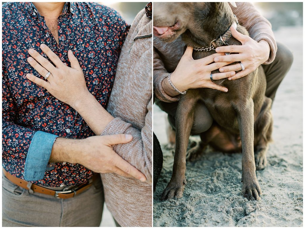 photo of the couple's hands with a focus on the engagement ring; ringed hands around a brown labrador by film photographer AGS Photo Art