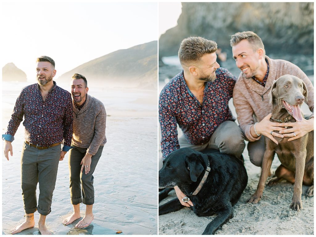portraits of the couple smiling at Pfeiffer with their two dogs