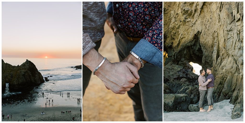 a photo of the sunset at Pfeiffer Beach during the couple's surprise proposal; close up of the couple's hands in each other's with matching bracelets; portrait of the couple embracing in front of tall rocks