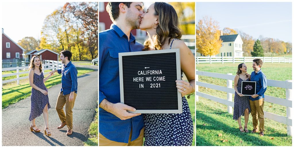 set of portraits of the man twirling his wife; the couple shares a kiss while holding a framed sign that reads "California here we come in 2021" by film photographer AGS Photo Art