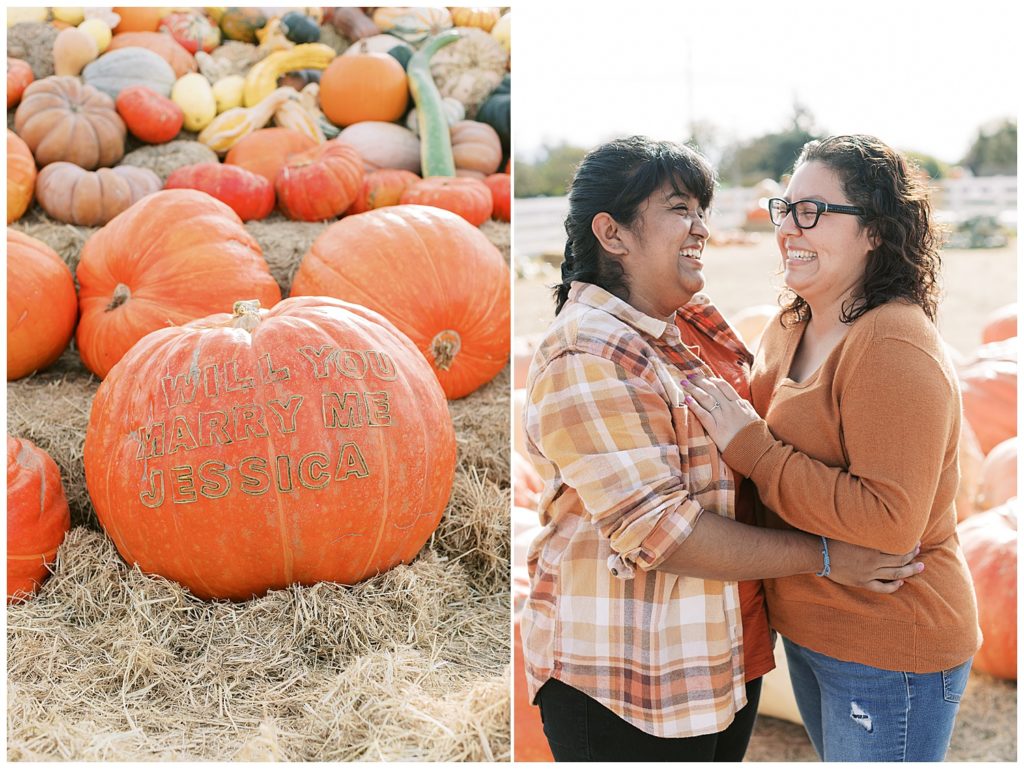photograph of pumpkin that reads "will you marry me, Jessica?"; surprise proposal portrait of the couple smiling and embracing at Bochard Farms by film photographer AGS Photo Art