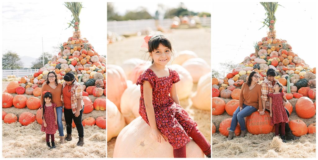 portraits of the couple and daughter sitting on pumpkins at Bochard Farms by film photographer AGS Photo Art
