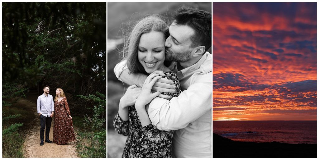 3 portraits from the couple's Big Sur Sunset Engagement Shoot, the first one of them hand in hand in a forest trail, the second a black and white shot of the man placing a kiss on his fiancée's cheek while holding her close, the third a photo of a fiery red and deep blue sunset over the ocean by film photographer AGS Photo Art