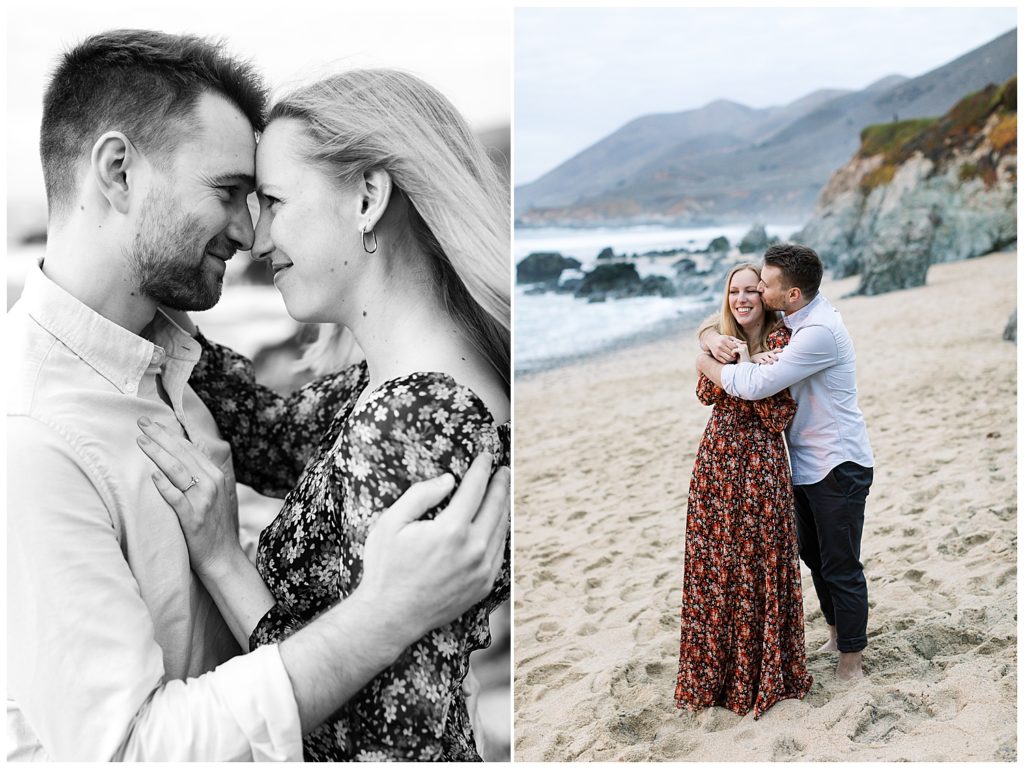 couple embracing and smiling on the beach in Big Sur, CA