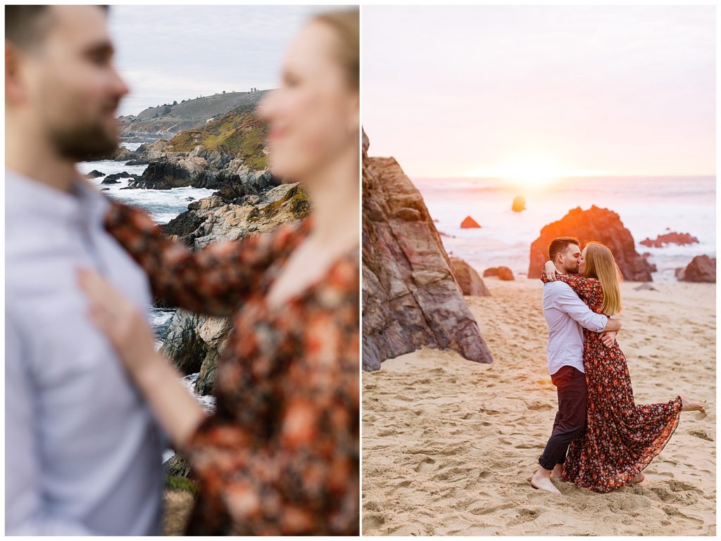 a soft focus portrait of the couple with the Big Sur coastline highlighted in the background; another portrait of the couple sharing a kiss on the sand for their Big Sur Sunset Engagement Shoot